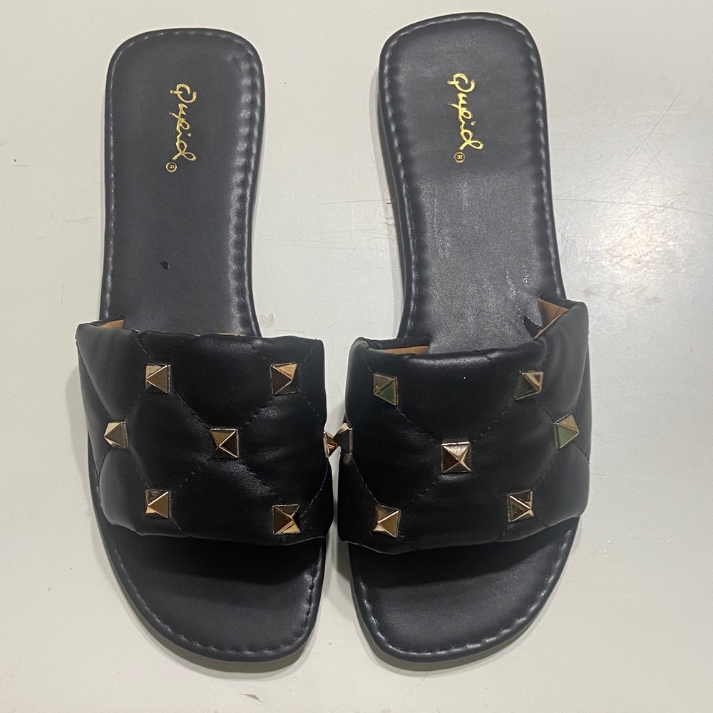 Qupid Black Quilted Slide Mules with Gold Studs